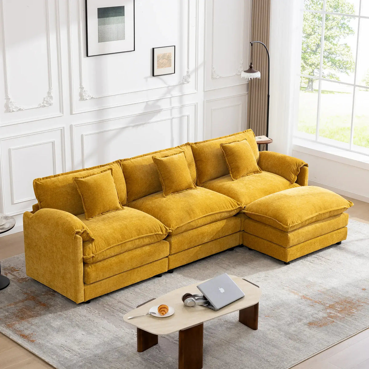 Canapé sectionnel modulaire 3 places à assise profonde avec pouf