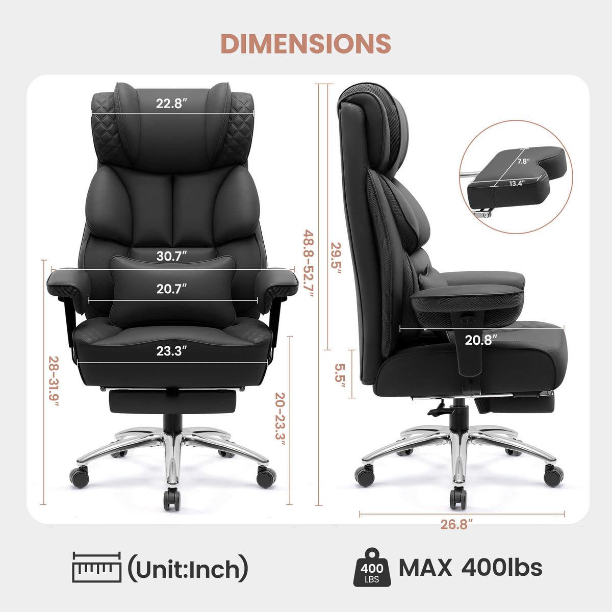 Fauteuil de bureau exécutif en cuir grande taille et large avec support dorsal 309
