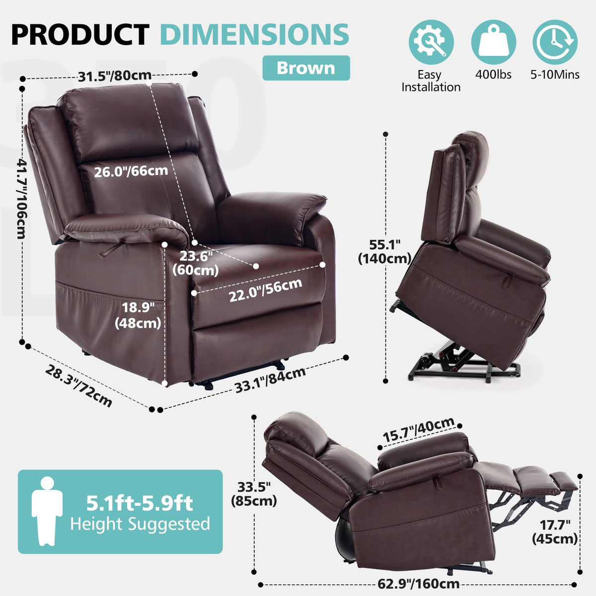 Fauteuil inclinable électrique zéro gravité et position infinie avec massage et chauffage