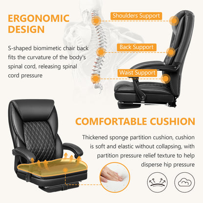 Chaise de bureau avec repose-pieds rétractable, Fauteuil de bureau ergonomique à dossier haut, en cuir PU, inclinable, grande taille, pour le travail à domicile ou au bureau