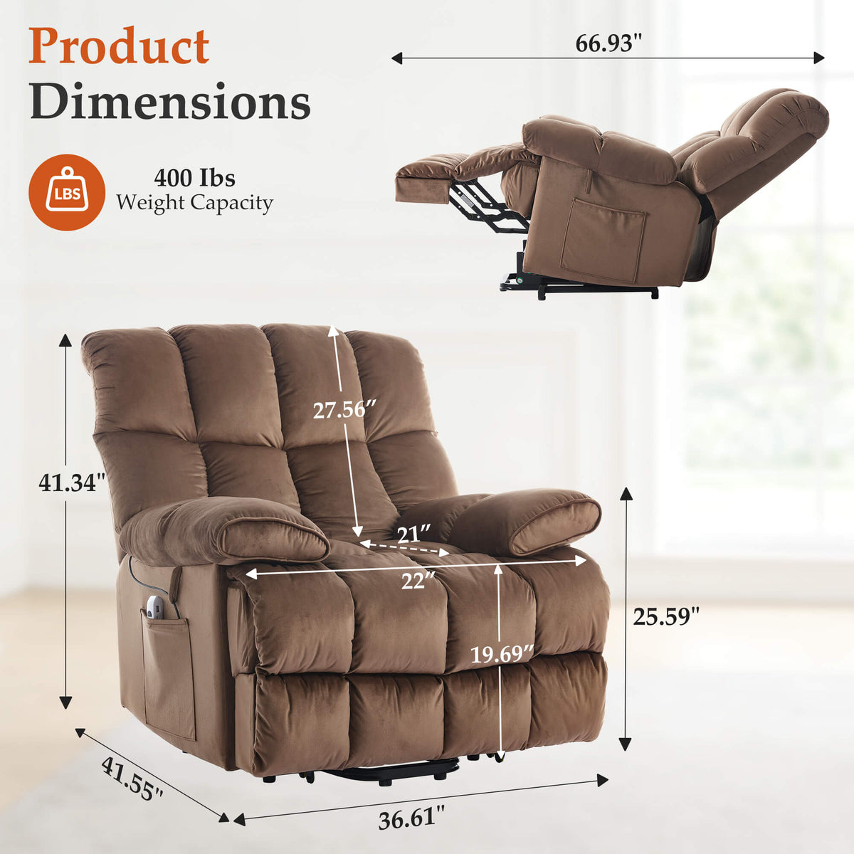 Fauteuil inclinable releveur électrique à positions infinies avec massage et chauffage pour personnes âgées