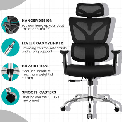 Chaise de bureau ergonomique avec accoudoirs et appui-tête réglables 999-S