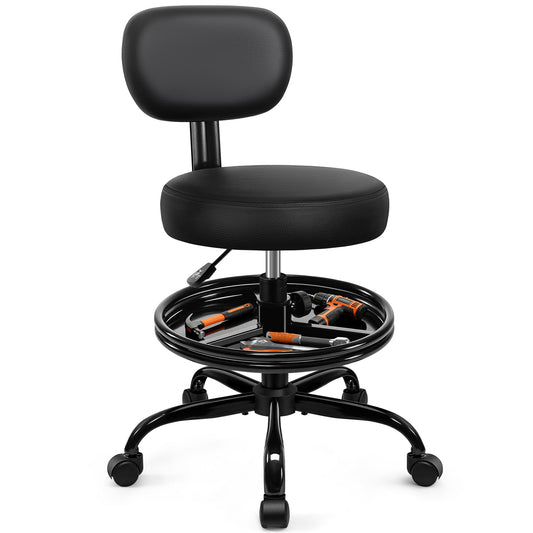 Tabouret d'atelier Primy avec roulettes pour garage, chaise de mécanicien roulante avec dossier, tabouret de garage robuste réglable en hauteur avec repose-pieds et plateau de rangement, chaise pivotante pour atelier, cuisine, salon