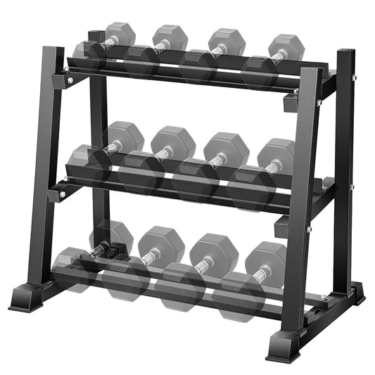 Range-haltères, support de rangement Primy 3 niveaux 500 kg pour haltères, kettlebells et disques de poids, organisateur de rangement pour salle de sport à domicile