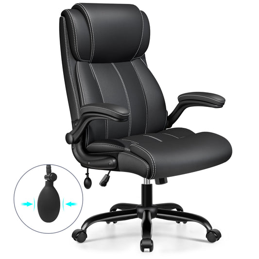 Chaise de bureau ergonomique Primy avec soutien lombaire pneumatique réglable, chaise d'ordinateur de bureau à domicile, fauteuil de direction en cuir à dossier haut avec accoudoirs relevables, pivotante, basculante et confortable