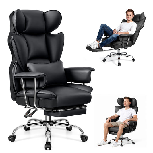Fauteuil de bureau à dossier haut Primy, fauteuil de direction en cuir PU grand et robuste avec repose-pieds – Fauteuil inclinable ergonomique pour ordinateur de bureau, mousse haute densité, fauteuil roulant pivotant robuste