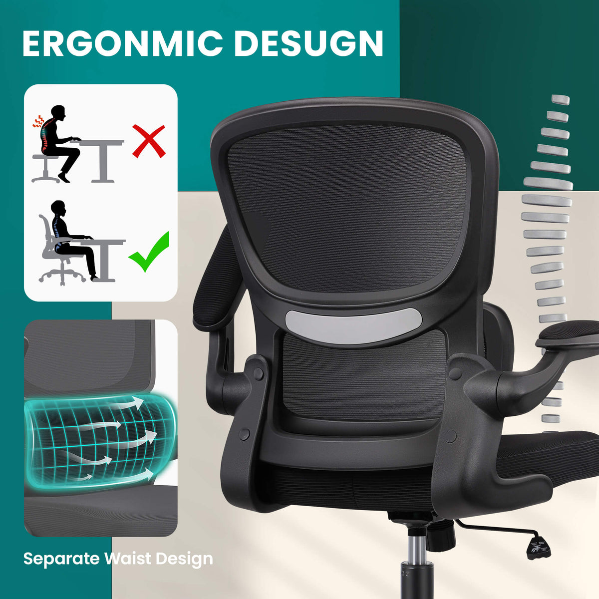 Chaise de bureau ergonomique avec support lombaire et accoudoirs réglables 2202