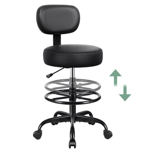 Chaise de bureau Primy Drafting avec dossier – Tabouret roulant réglable | Chaise de bureau et de bar sans accoudoirs | Cuir PU avec coussin épais | Pour la maison, le bureau, le salon, la cuisine, le magasin
