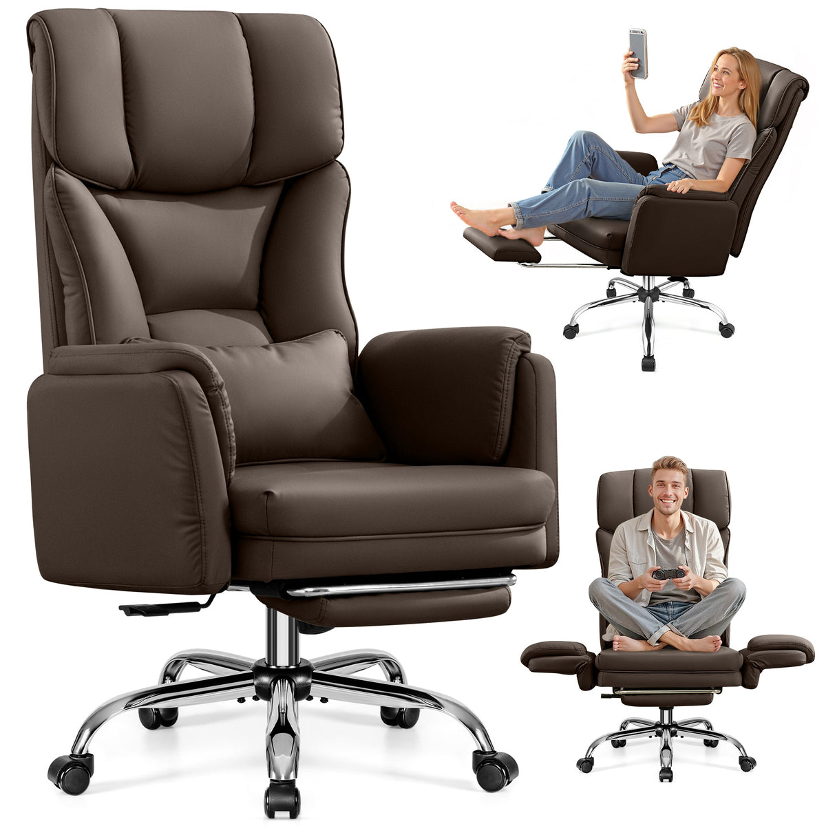Chaise de bureau jambes croisées avec repose-pieds et accoudoirs convertibles, capacité de 227 kg, chaise de bureau à domicile, fauteuil inclinable ergonomique avec oreiller lombaire, design entrecroisé, grande chaise de direction