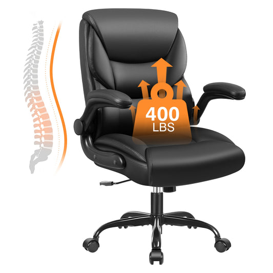 Chaise de bureau Primy Compact en cuir PU - Chaise d'ordinateur ergonomique réglable en hauteur avec accoudoirs relevables, chaise pivotante de direction à dossier moyen sur roulettes pour petits espaces et utilisateurs de petite taille