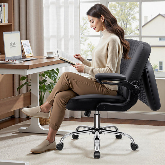 Chaise de bureau Primy Criss Cross avec dossier rabattable 2-en-1, chaise de sol ergonomique en cuir PU, accoudoirs rabattables pivotants à 360°, siège extra-large