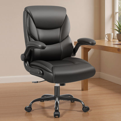 Chaise de bureau Primy Compact en cuir PU - Chaise d'ordinateur ergonomique réglable en hauteur avec accoudoirs relevables, chaise pivotante de direction à dossier moyen sur roulettes pour petits espaces et utilisateurs de petite taille