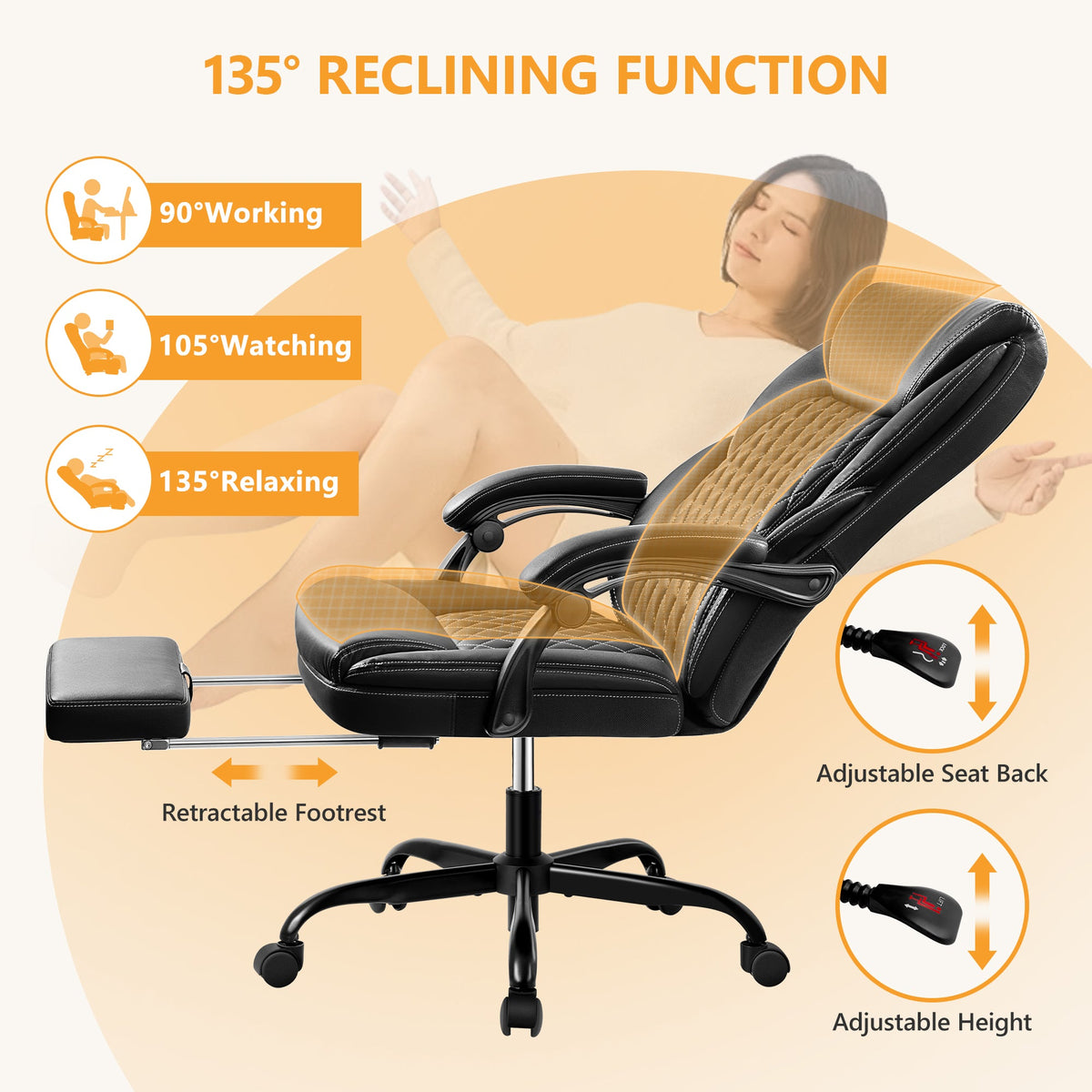Chaise de bureau avec repose-pieds rétractable, Fauteuil de bureau ergonomique à dossier haut, en cuir PU, inclinable, grande taille, pour le travail à domicile ou au bureau