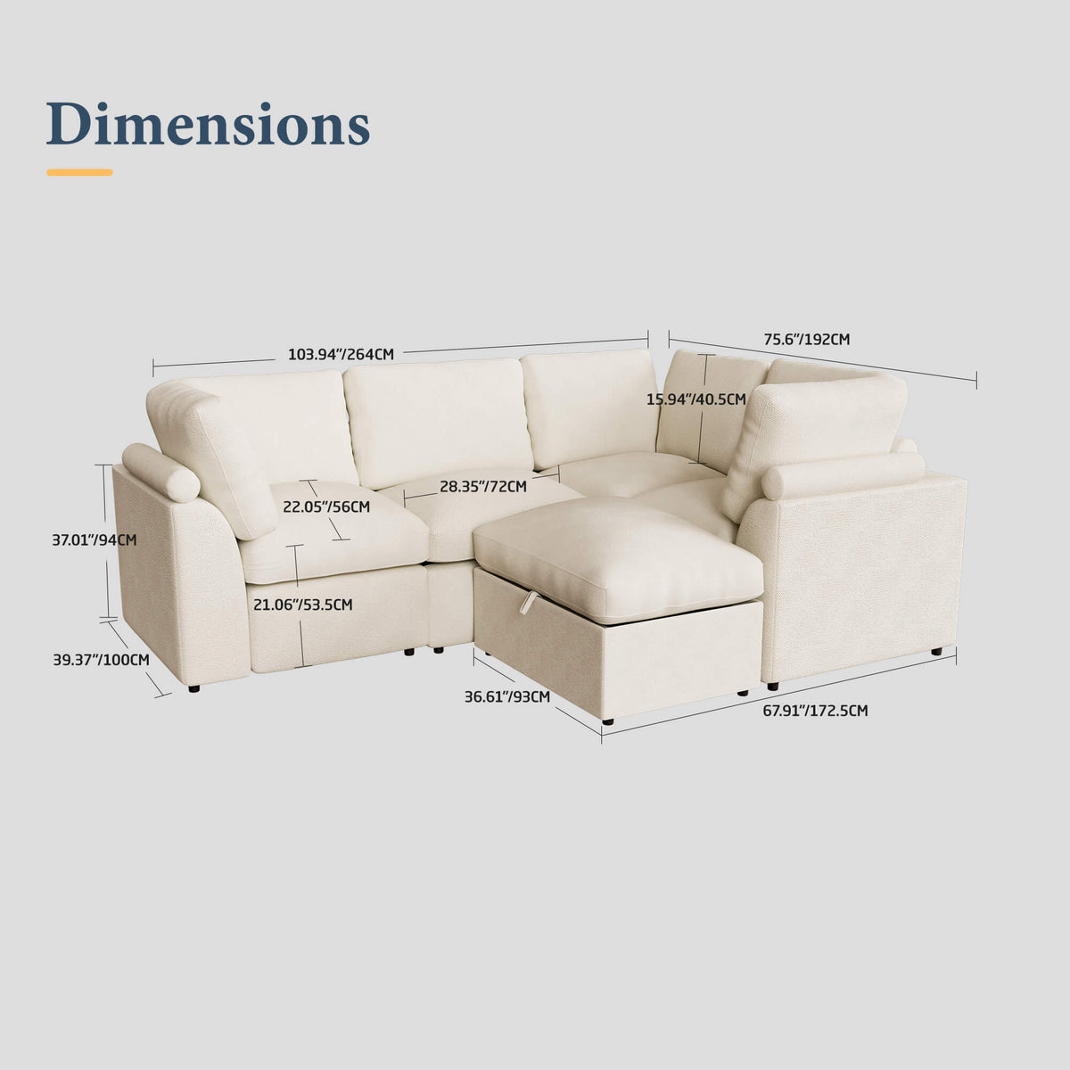Canapé d'angle modulable 5 places avec rangement dissimulé