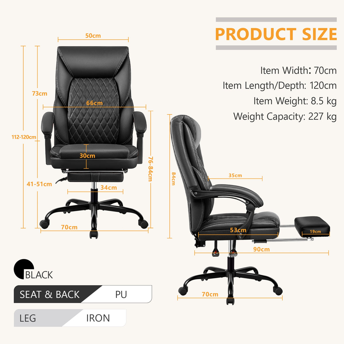 Chaise de bureau avec repose-pieds rétractable, Fauteuil de bureau ergonomique à dossier haut, en cuir PU, inclinable, grande taille, pour le travail à domicile ou au bureau