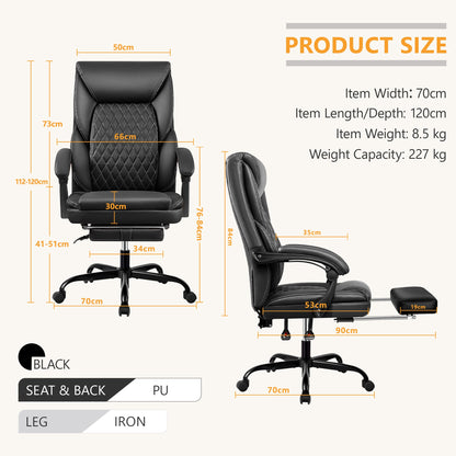 Chaise de bureau avec repose-pieds rétractable, Fauteuil de bureau ergonomique à dossier haut, en cuir PU, inclinable, grande taille, pour le travail à domicile ou au bureau
