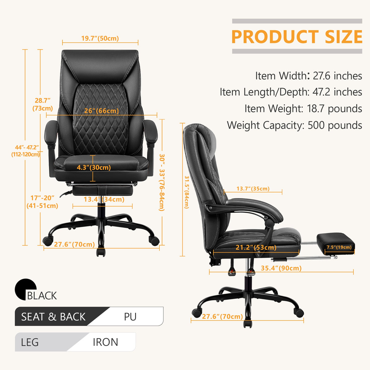 Chaise de bureau avec repose-pieds rétractable, Fauteuil de bureau ergonomique à dossier haut, en cuir PU, inclinable, grande taille, pour le travail à domicile ou au bureau