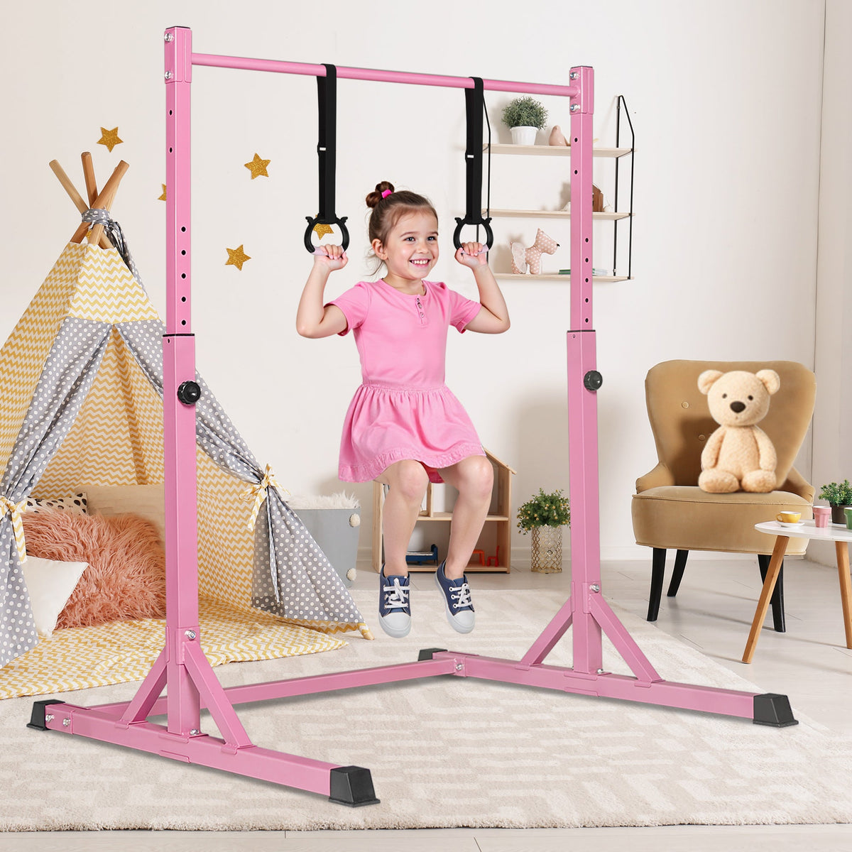 Barre de gymnastique Primy 230LBS pour enfants, barres horizontales de gymnastique à hauteur réglable de 39 à 61 pouces, équipement de gymnastique pliable et stable, barre d'entraînement junior pour utilisation à domicile pour les enfants
