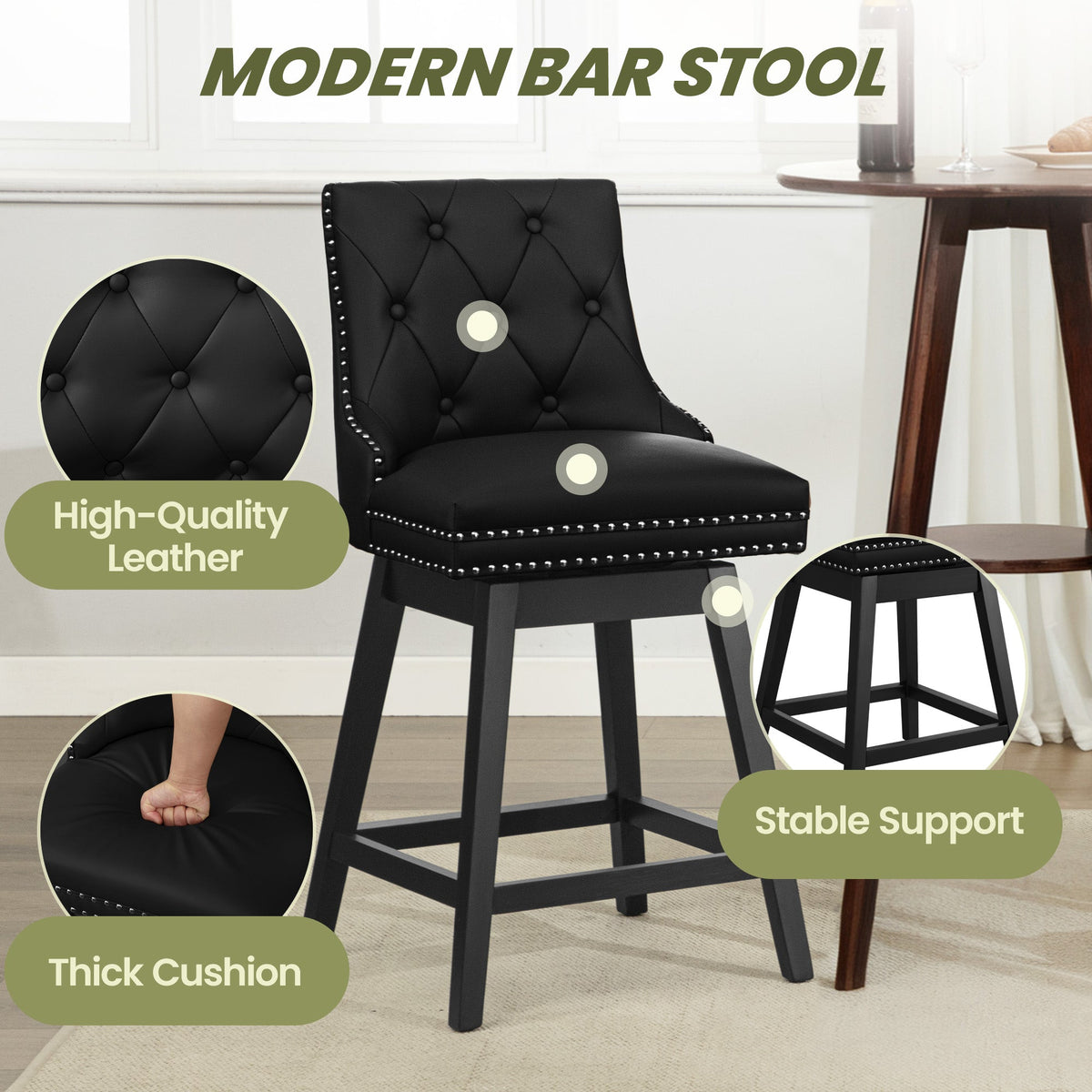 30 Tabourets de Bar en Cuir PU avec Boutons Touffetés et Pieds en Bois, Tabouret Rotatif à 360° avec Coussin Épais (Lot de 2)