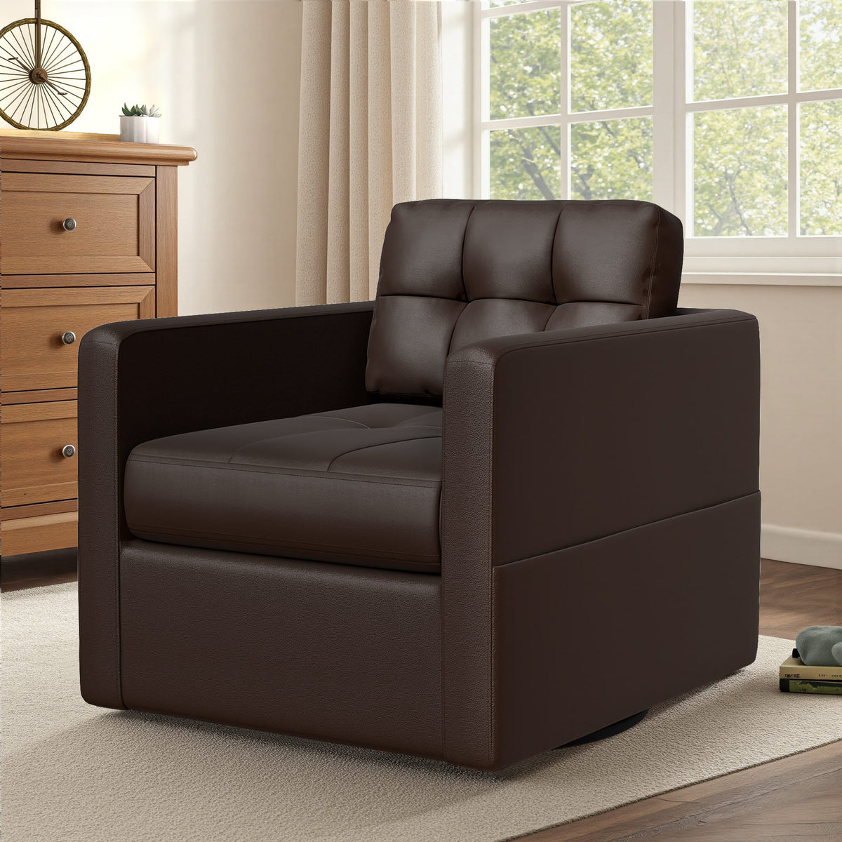 Fauteuil d'appoint pivotant en cuir avec coussin décoratif pour le salon