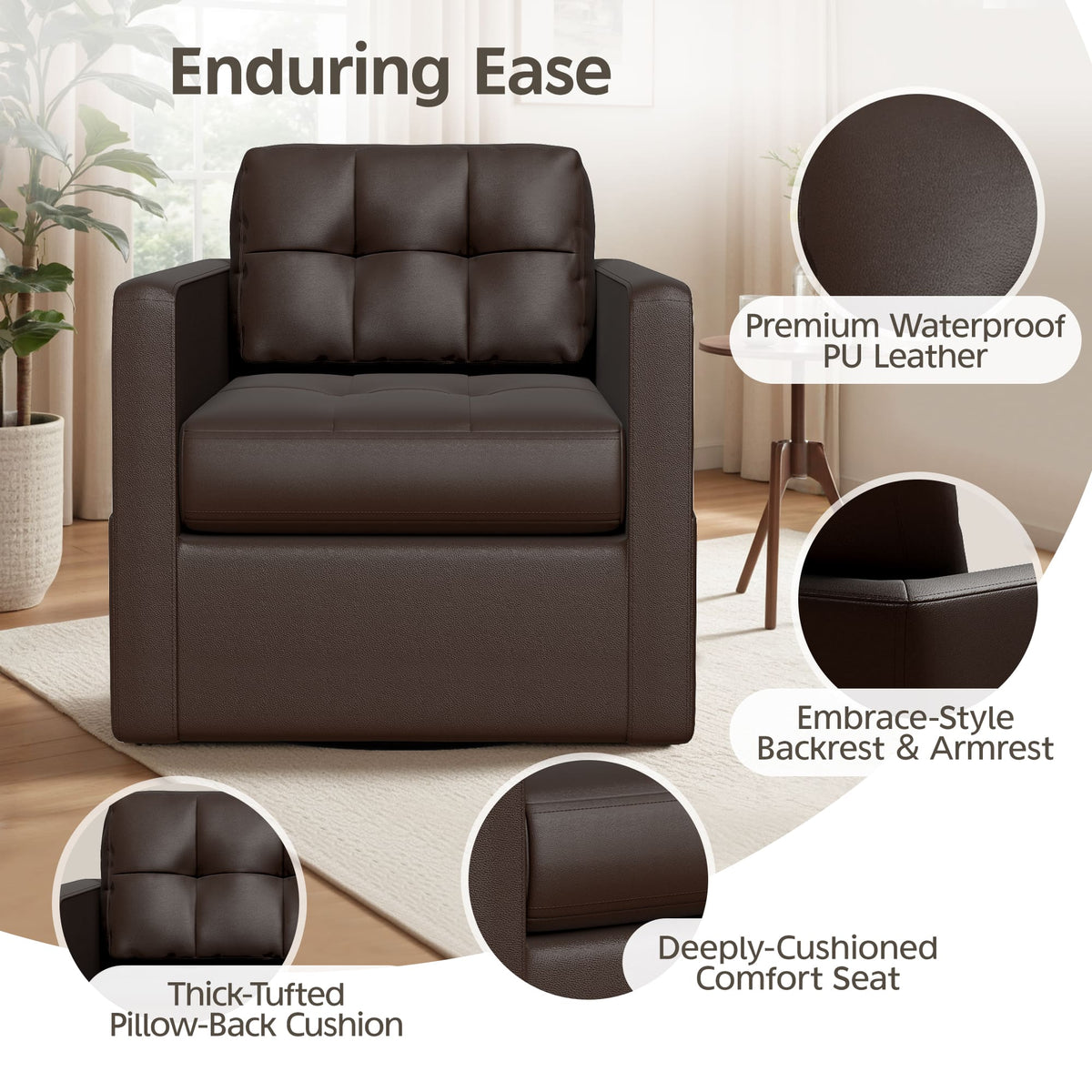 Fauteuil d'appoint pivotant en cuir avec coussin décoratif pour le salon