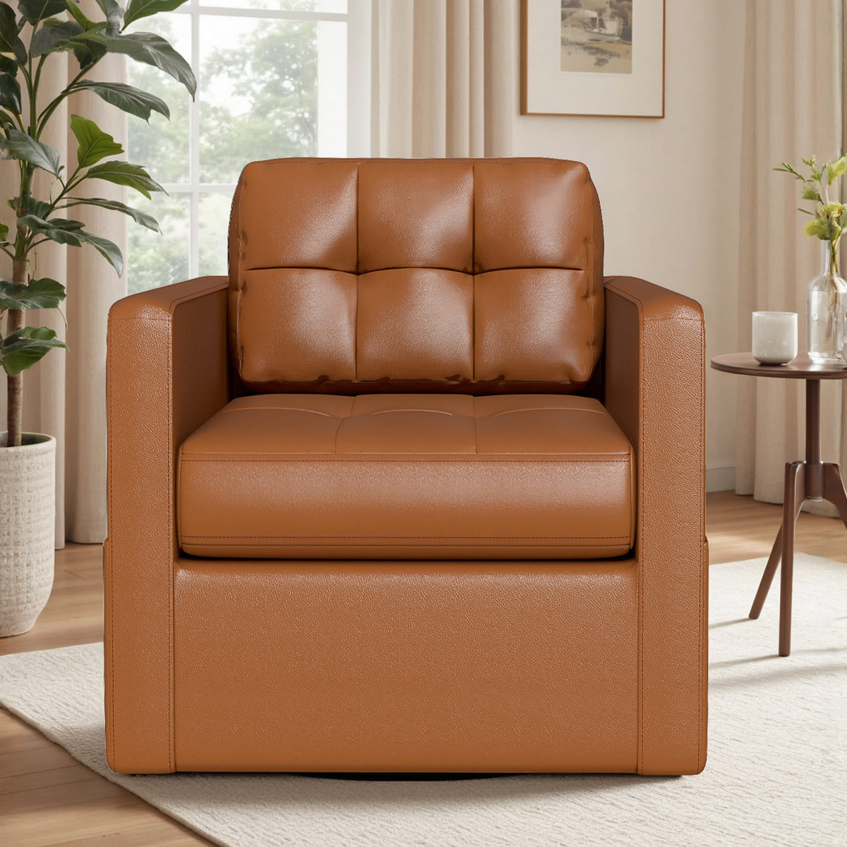 Fauteuil d'appoint pivotant en cuir avec coussin décoratif pour le salon