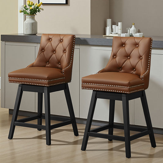 30 Tabourets de Bar en Cuir PU avec Boutons Touffetés et Pieds en Bois, Tabouret Rotatif à 360° avec Coussin Épais (Lot de 2)
