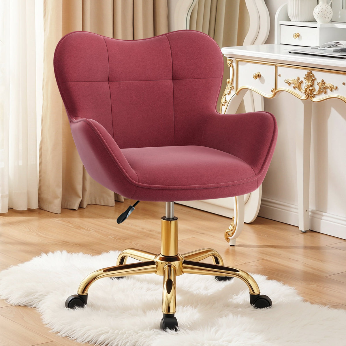 Chaise de vanité Primy avec roulettes, Chaise de bureau à domicile mignonne, Chaise de maquillage, Hauteur réglable pour chambre à coucher, Chaise d'appoint moderne avec dossier