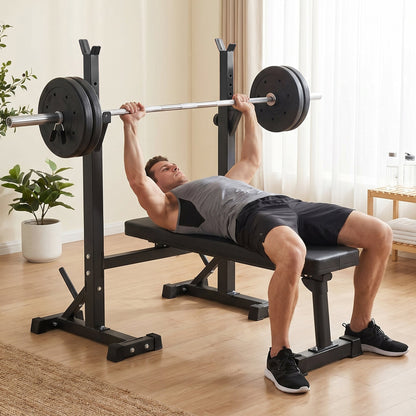 Banc de Presse Réglable Primy, Banc de Musculation Olympique Pliable avec Rack à Squat, Banc d'Entraînement, Support de Barre, Musculation, Multifonctionnel pour Petits Appartements