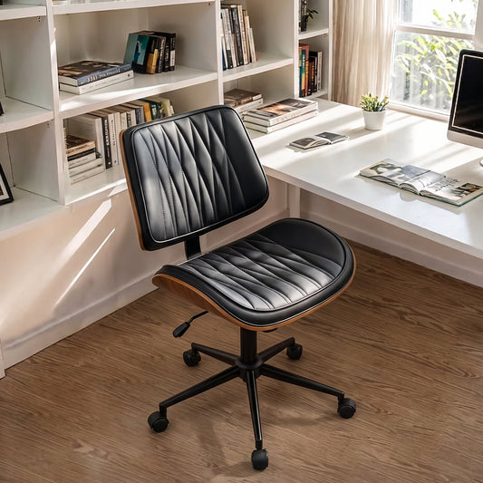 Chaise de bureau sans accoudoirs Primy, chaise de bureau de travail moderne du milieu du siècle en similicuir avec détails inspirés du bois courbé, chaise d'ordinateur de travail pivotante à hauteur réglable avec accent noyer pour la maison