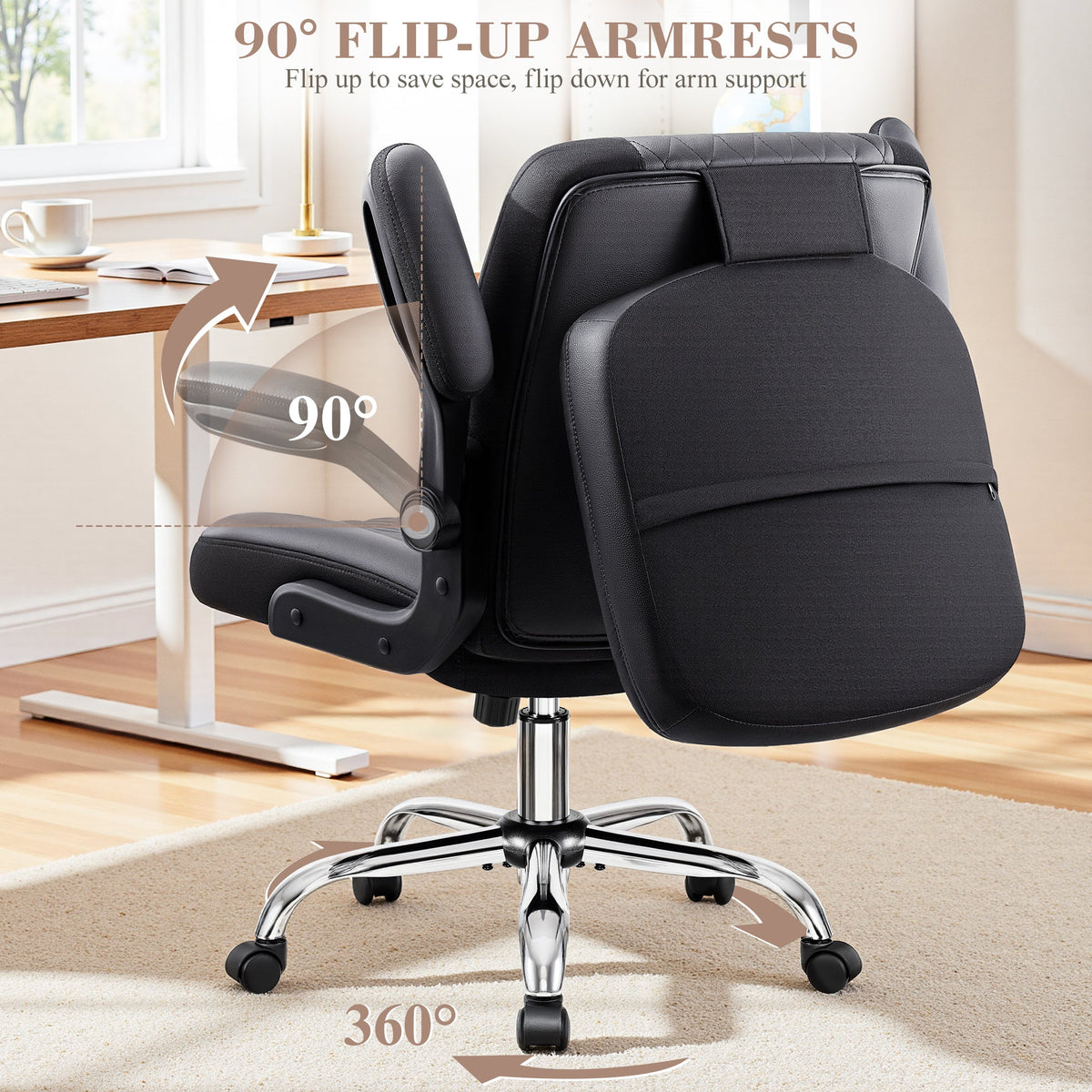 Chaise de bureau Primy Criss Cross avec dossier rabattable 2-en-1, chaise de sol ergonomique en cuir PU, accoudoirs rabattables pivotants à 360°, siège extra-large