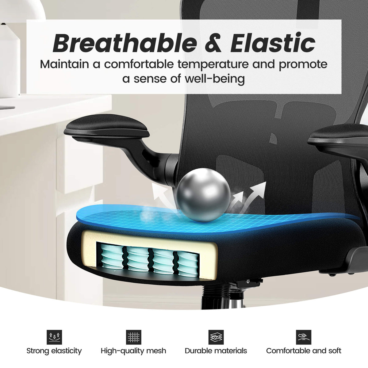 Chaise de bureau ergonomique avec support lombaire réglable accoudoirs relevables 936-H