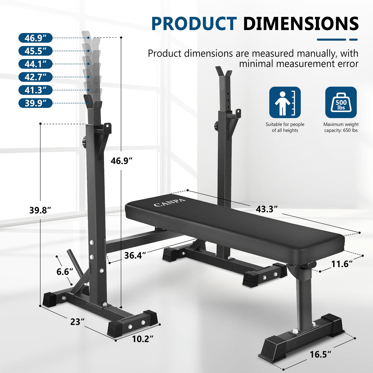 Banc de Presse Réglable Primy, Banc de Musculation Olympique Pliable avec Rack à Squat, Banc d'Entraînement, Support de Barre, Musculation, Multifonctionnel pour Petits Appartements
