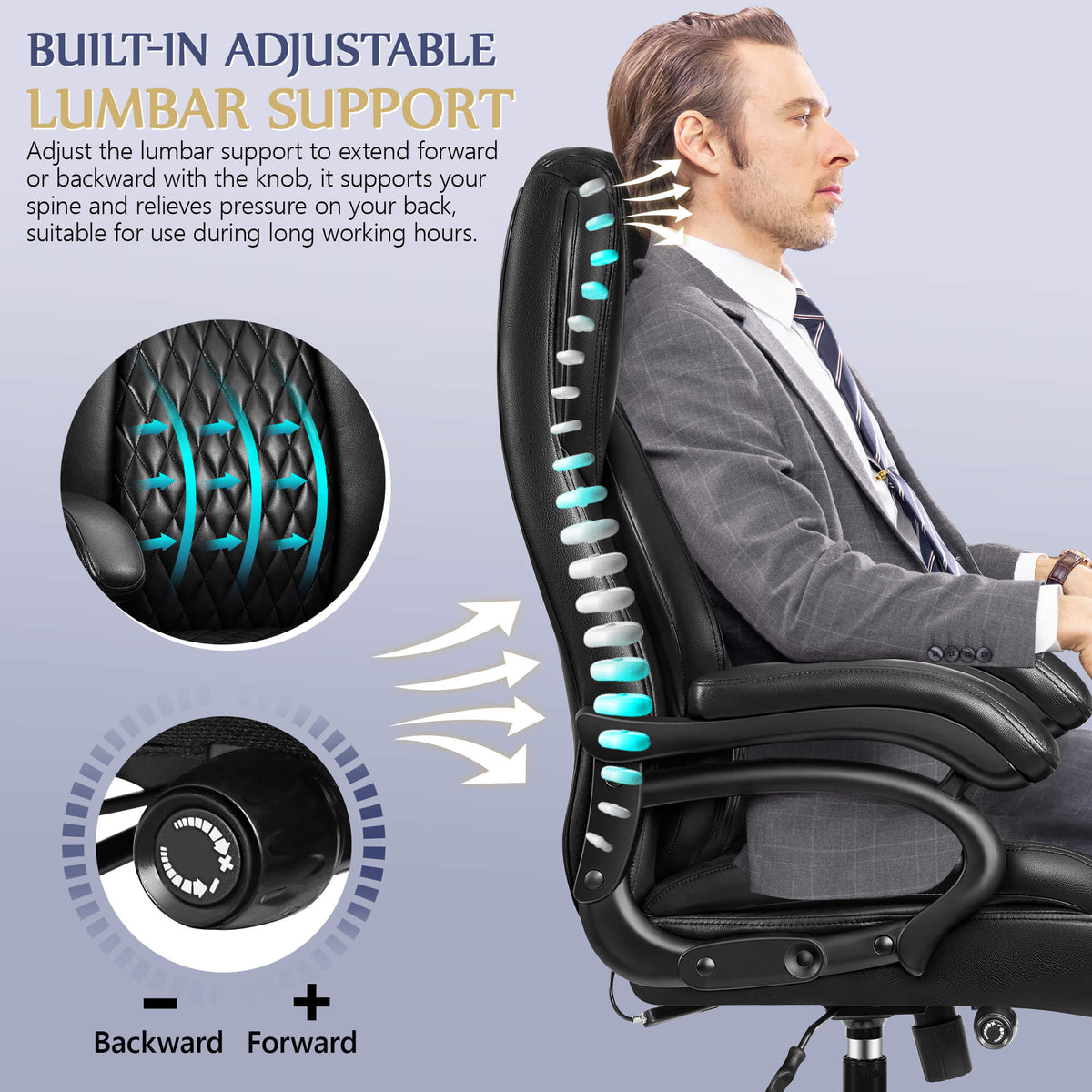 Grand et haut Fauteuil de bureau en cuir de direction avec soutien lombaire 5202-1