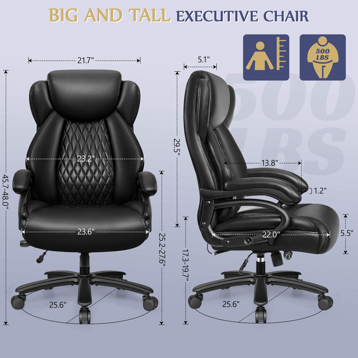 Grand et haut Fauteuil de bureau en cuir de direction avec soutien lombaire 5202-1