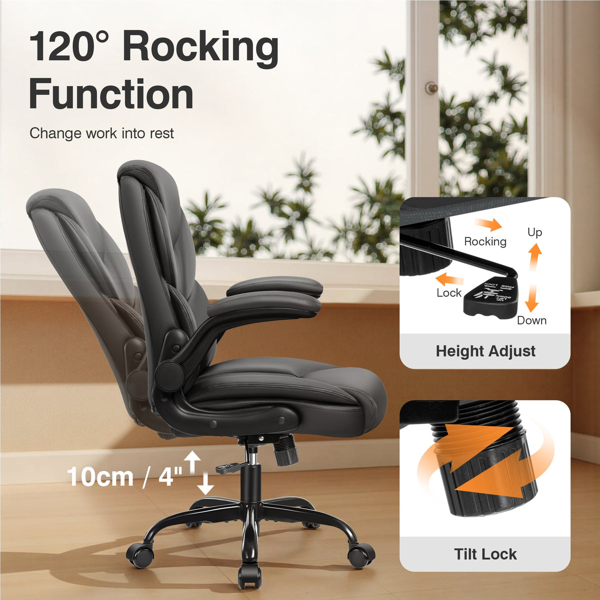 Chaise de bureau Primy Compact en cuir PU - Chaise d'ordinateur ergonomique réglable en hauteur avec accoudoirs relevables, chaise pivotante de direction à dossier moyen sur roulettes pour petits espaces et utilisateurs de petite taille