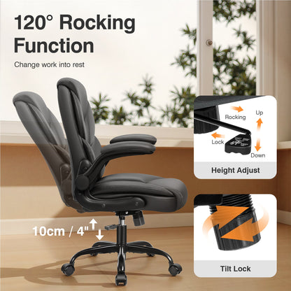 Chaise de bureau Primy Compact en cuir PU - Chaise d'ordinateur ergonomique réglable en hauteur avec accoudoirs relevables, chaise pivotante de direction à dossier moyen sur roulettes pour petits espaces et utilisateurs de petite taille
