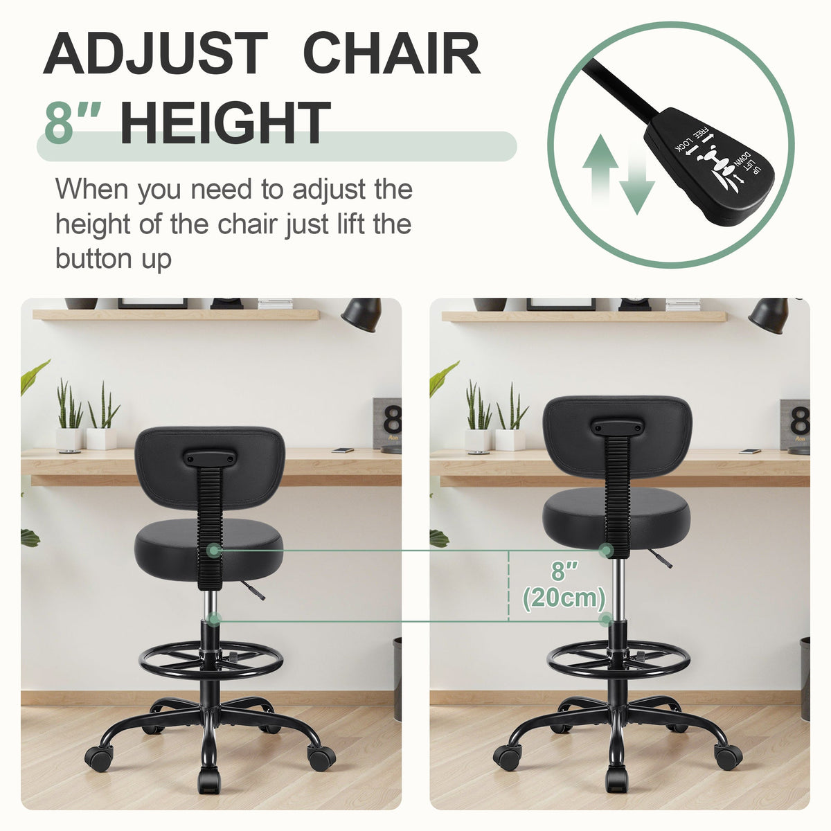 Chaise de bureau Primy Drafting avec dossier – Tabouret roulant réglable | Chaise de bureau et de bar sans accoudoirs | Cuir PU avec coussin épais | Pour la maison, le bureau, le salon, la cuisine, le magasin