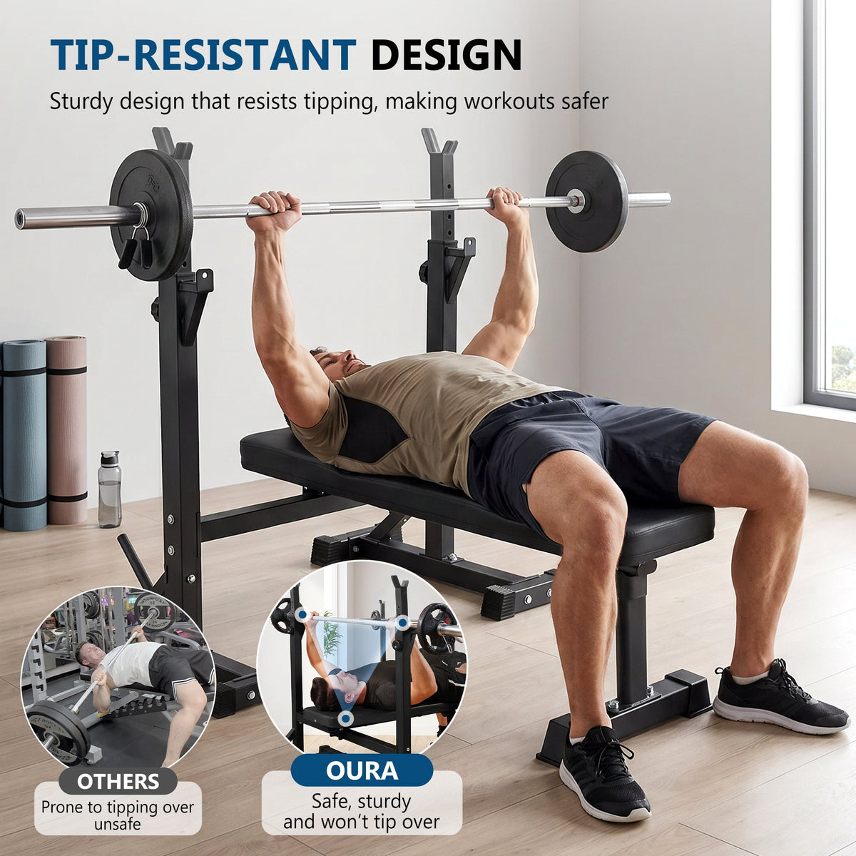 Banc de Presse Réglable Primy, Banc de Musculation Olympique Pliable avec Rack à Squat, Banc d'Entraînement, Support de Barre, Musculation, Multifonctionnel pour Petits Appartements