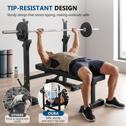 Banc de Presse Réglable Primy, Banc de Musculation Olympique Pliable avec Rack à Squat, Banc d'Entraînement, Support de Barre, Musculation, Multifonctionnel pour Petits Appartements