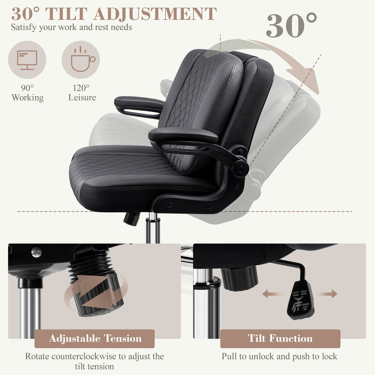 Chaise de bureau Primy Criss Cross avec dossier rabattable 2-en-1, chaise de sol ergonomique en cuir PU, accoudoirs rabattables pivotants à 360°, siège extra-large