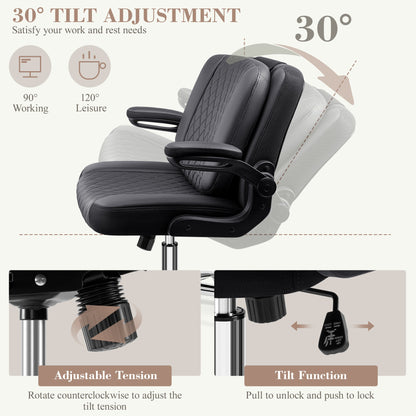 Chaise de bureau Primy Criss Cross avec dossier rabattable 2-en-1, chaise de sol ergonomique en cuir PU, accoudoirs rabattables pivotants à 360°, siège extra-large
