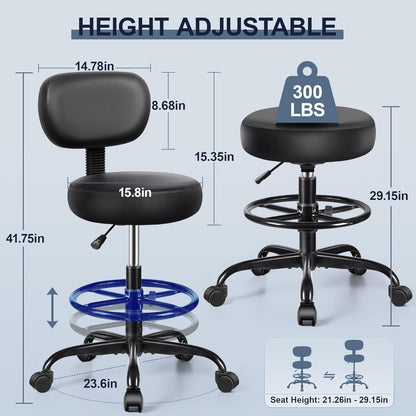 Chaise de dessin avec dossier – Tabouret roulant avec repose-pieds réglable, tabouret pivotant en cuir PU avec roulettes pour bureau, spa, studio, laboratoire, comptoir, salon, maison, bar, cuisine, magasin (noir), lot de 10