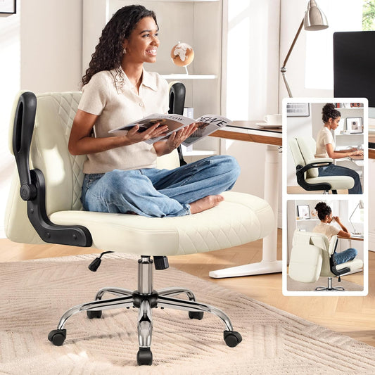 Chaise de bureau croisée avec dossier rabattable 2-en-1 – Chaise de sol ergonomique en cuir PU, hauteur réglable, pivotante à 360° et accoudoirs relevables, assise extra large pour bureau à domicile, coiffeuse, salon de manucure
