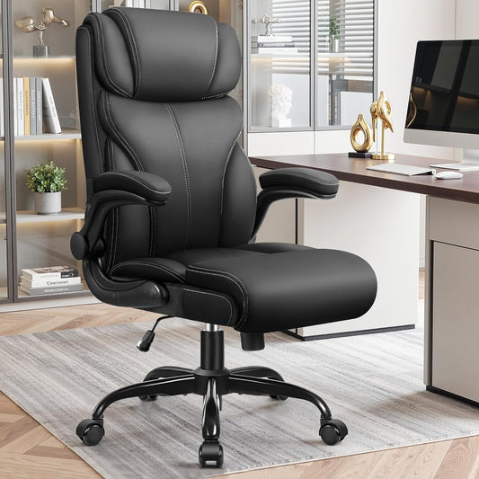 Primy Office Chair, Ergonomic Leather Desk Chair with Flip-up Armrests, Big and Tall High Back Executive Computer & Gaming Chair with Footrest, Comfy Padded, Rocking Function and Lumbar Support