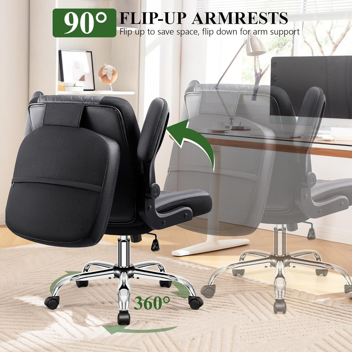 Chaise de bureau croisée avec dossier rabattable 2-en-1 – Chaise de sol ergonomique en cuir PU, hauteur réglable, pivotante à 360° et accoudoirs relevables, assise extra large pour bureau à domicile, coiffeuse, salon de manucure