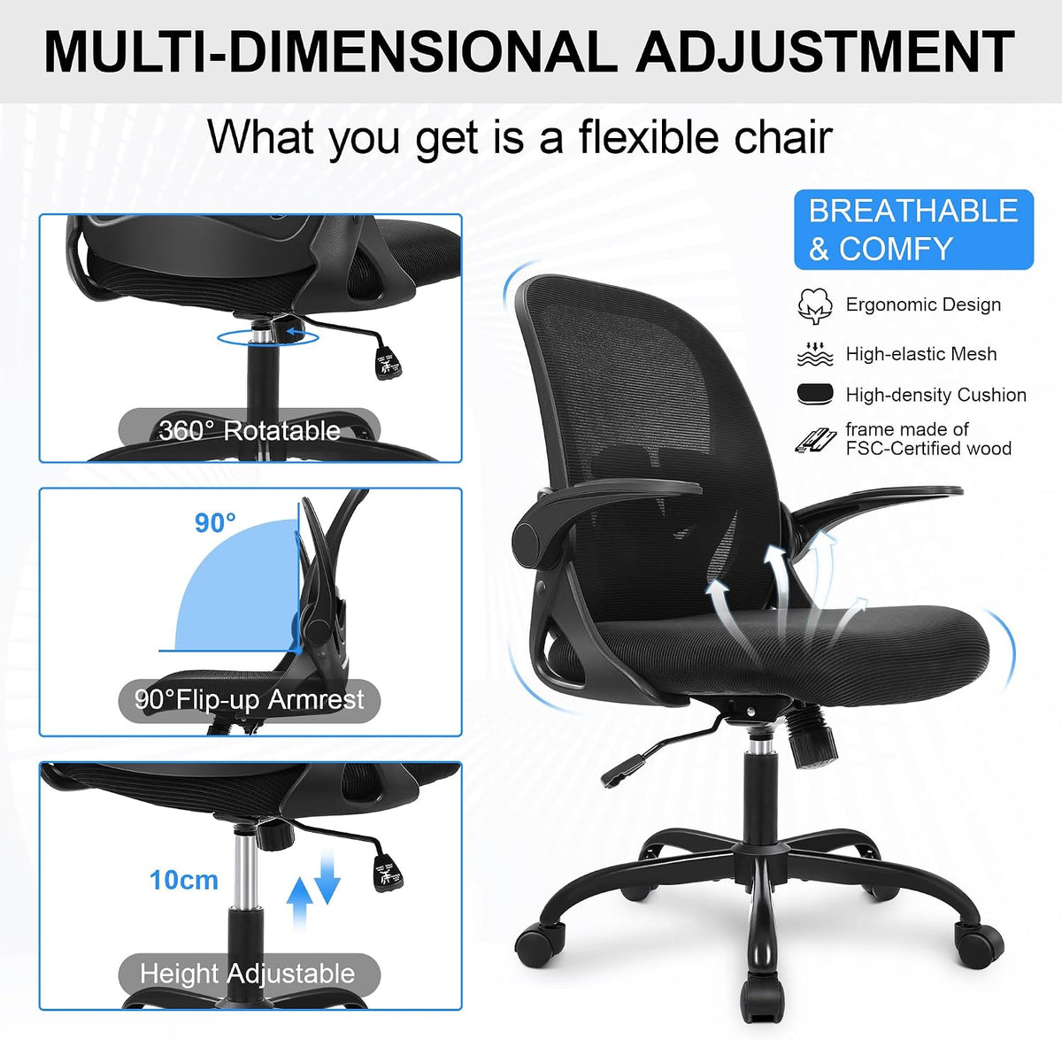 Primy Fauteuil de Bureau Ergonomique avec Soutien Lombaire et Hauteur Réglables