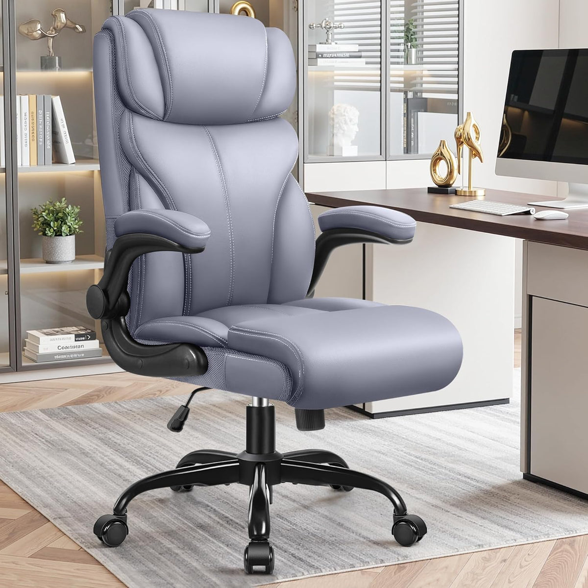 Primy Office Chair, Ergonomic Leather Desk Chair with Flip-up Armrests, Big and Tall High Back Executive Computer & Gaming Chair with Footrest, Comfy Padded, Rocking Function and Lumbar Support