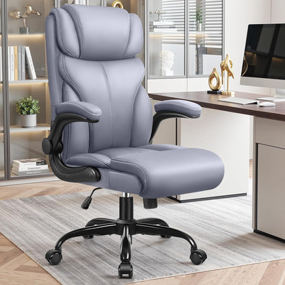 Primy Office Chair, Ergonomic Leather Desk Chair with Flip-up Armrests, Big and Tall High Back Executive Computer & Gaming Chair with Footrest, Comfy Padded, Rocking Function and Lumbar Support