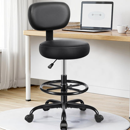 Chaise de bureau à dossier – Tabouret roulant avec repose-pieds réglable, tabouret pivotant en cuir PU pour bureau, spa, studio, laboratoire, comptoir, salon, maison, bar, cuisine, magasin (noir), lot de 5